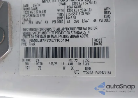 2014 Ford Transit Connect Xlt z USA, uszkodzony, nr VIN NM0LS7F7XE1165184